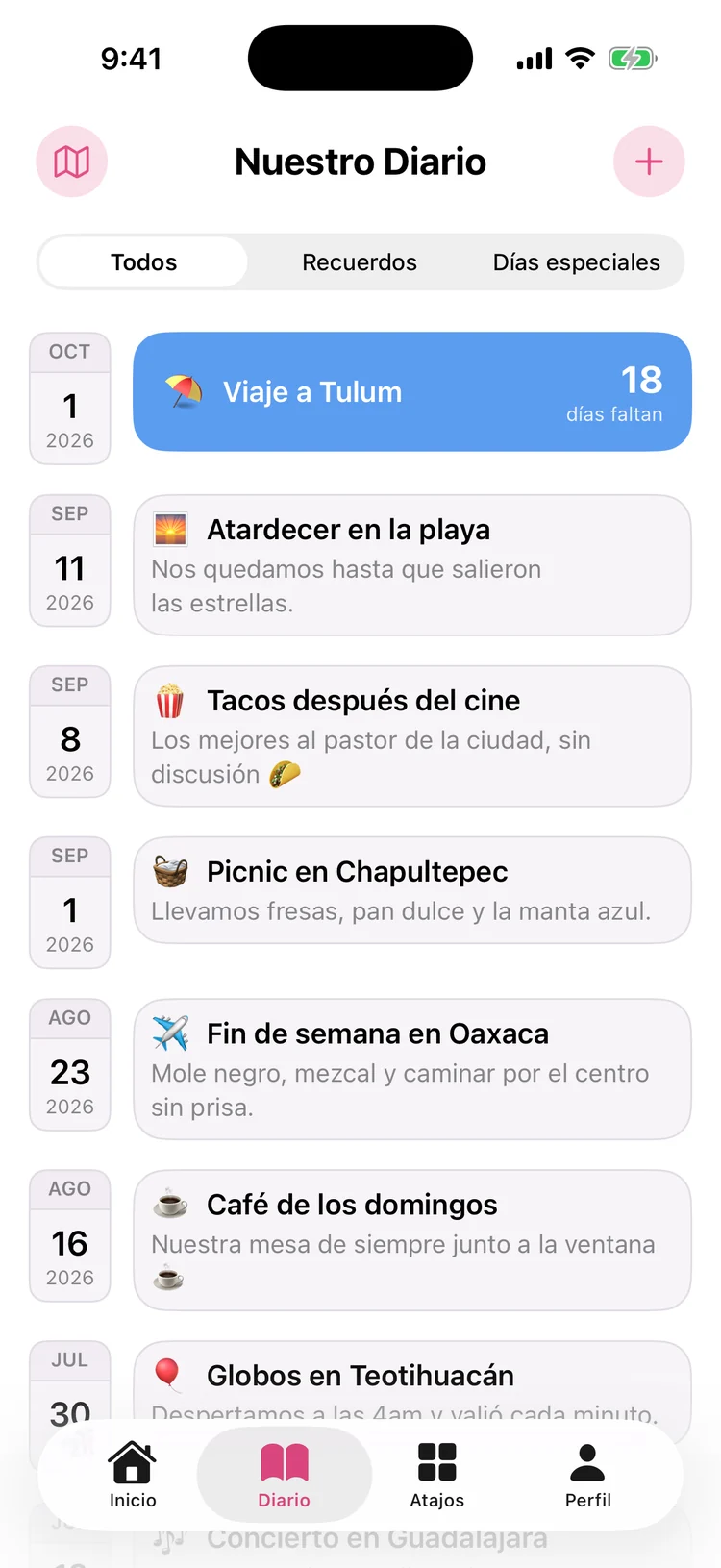 Diario con recuerdos y días especiales